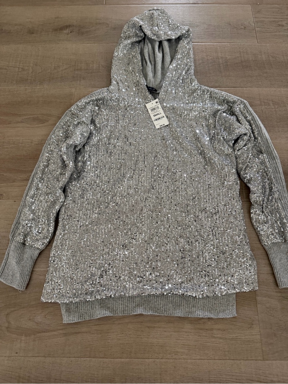 INC International Concepts Silver Sequin Hooded Crewneck Sweater